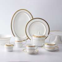 Best Seller Unique Fine Bone China Hotel Use Ceramic Ware Dinnerware Sets, Gold Rim Tableware Set For Hotel Banquest Plates^